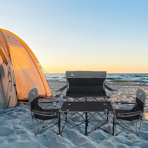 Camping Chair Set of 4, Outdoor Folding Camping Chairs with Table Heavy Duty Lawn Chair with Cup Holder,Collapsible Chair Include One Sofa Chair and Two Single Chairs and Camping Table in Kuwait