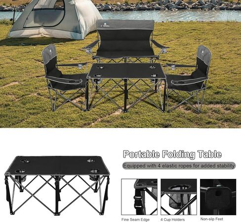 Camping Chair Set of 4, Outdoor Folding Camping Chairs with Table Heavy Duty Lawn Chair with Cup Holder,Collapsible Chair Include One Sofa Chair and Two Single Chairs and Camping Table in Kuwait