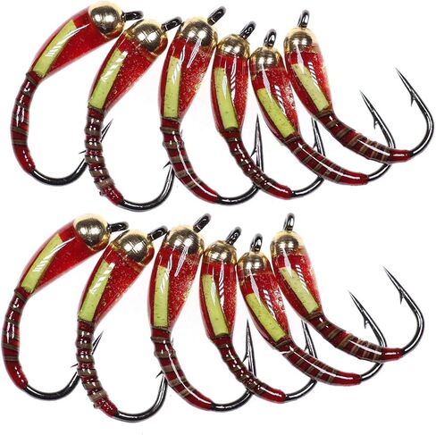 Wifreo Fly Fishing Bead Head Midge Nymph Fly لسمك السلمون المرقط Carppie Bluegill Ice Fishing الحجم 10 12 14 حزمة من 12 (حجم ميكس، حزمة من 12) in Kuwait