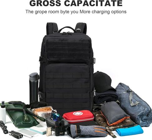 حقيبة ظهر تكتيكية عسكرية من OKYUK، حقيبة ظهر 45 لتر من الجيش مولي، حقيبة ظهر للتنزه سيرًا على الأقدام لمدة 3 أيام، حقيبة ظهر كبيرة للتخييم للرجال والنساء مع نظام مولي (أسود) in Kuwait