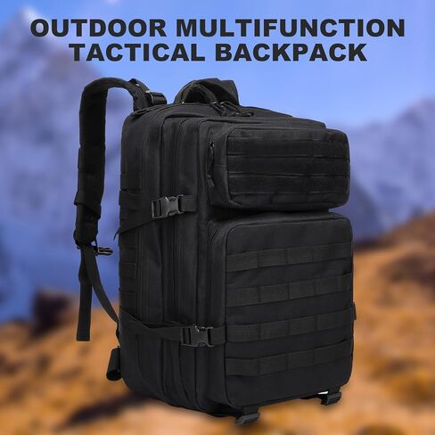 حقيبة ظهر تكتيكية عسكرية من OKYUK، حقيبة ظهر 45 لتر من الجيش مولي، حقيبة ظهر للتنزه سيرًا على الأقدام لمدة 3 أيام، حقيبة ظهر كبيرة للتخييم للرجال والنساء مع نظام مولي (أسود) in Kuwait