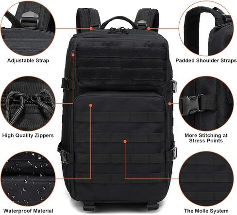 حقيبة ظهر تكتيكية عسكرية من OKYUK، حقيبة ظهر 45 لتر من الجيش مولي، حقيبة ظهر للتنزه سيرًا على الأقدام لمدة 3 أيام، حقيبة ظهر كبيرة للتخييم للرجال والنساء مع نظام مولي (أسود) in Kuwait