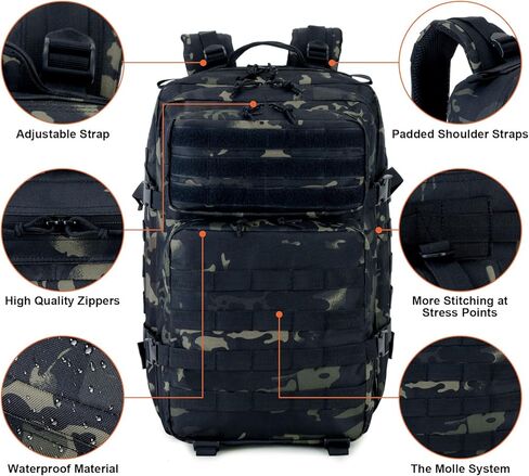 OKYUK Military Tactical Backpack, 45L Molle Army Assault Pack 3 Day Bug Out Bag Hiking Trekking Rucksack, Large Camping Rucksack for Men & Women with Molle System (Black) in Saudi Arabia