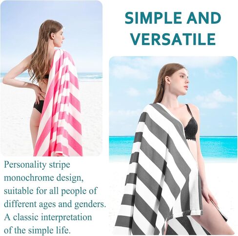 4 عبوات من مناشف الشاطئ المخططة كبيرة الحجم ورفيعة مع أربطة المناشف، مجموعة مقاس XL كبيرة جدًا وكبيرة جدًا وإكسسوارات السفر لحمام السباحة الأساسية ناعمة ماصة للسباحة، مناشف حمام كبيرة للرجال والنساء والبالغين، هدية رمادية in Kuwait