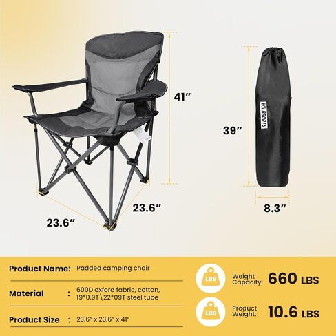 WILDROOTS Heavy Duty Folding Camping Chair,500 LBS Support with Cup Holder and Side Pocket,Padded Back Rest with Carry Bag Included,Camping,Hiking,Fishing Collapsible Chairs in Saudi Arabia