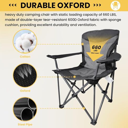 WILDROOTS Heavy Duty Folding Camping Chair,500 LBS Support with Cup Holder and Side Pocket,Padded Back Rest with Carry Bag Included,Camping,Hiking,Fishing Collapsible Chairs in Saudi Arabia