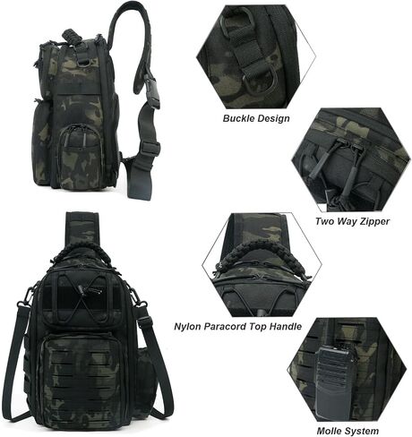 HRTACPAG 17L Waterproof Crossbody Bag Men Tactical Compact Sling Backpack with Braided Strap Handle EDC Molle Shoulder Bags (Black) in Saudi Arabia
