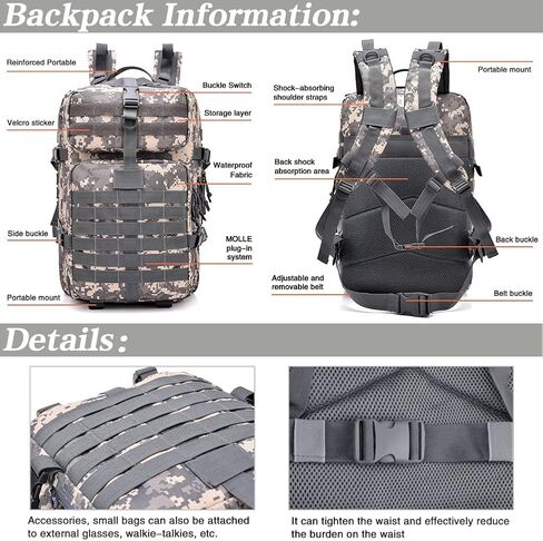 LIMHOO Tactical Military Backpack, Bug Out Bag 45L Large Capacity, 3 Day Assault Army Rucksack with USA Flag Patch (Acu Camo) in Saudi Arabia