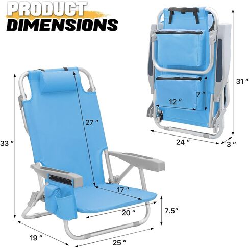MoNiBloom Low Profile Seat Lightweight Portable Folding Beach Chair with Cup Holder Cooler Bag Heavy-Duty Outdoor Lawn Concert Travel Picnic Hiking Camping Sand Chair for Adults (Blue Stripes, 2-Pack) in Saudi Arabia