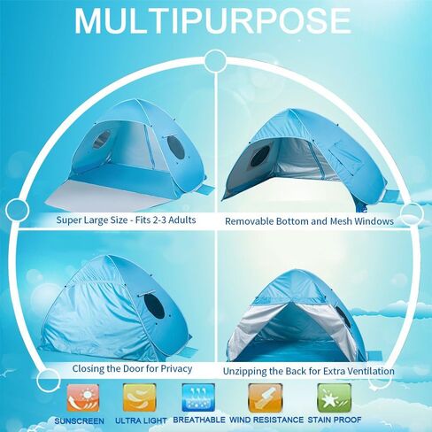 Extra Large Beach Tent Sun Shade Shelter Pop Up Instant Portable Outdoors 3-4 Person Beach Cabana Sets Up in Seconds, Blue, 78.7" L X 47.2" W X 51.2" H in Saudi Arabia