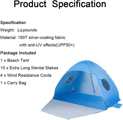 Extra Large Beach Tent Sun Shade Shelter Pop Up Instant Portable Outdoors 3-4 Person Beach Cabana Sets Up in Seconds, Blue, 78.7" L X 47.2" W X 51.2" H in Saudi Arabia