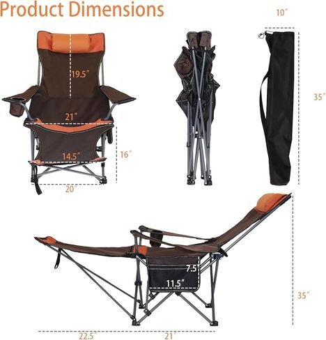 كرسي صالة التخييم، كرسي تخييم مع مسند للقدمين للبالغين في الهواء الطلق والتخييم على الشاطئ والمشي لمسافات طويلة وصيد الأسماك، كرسي تخييم محمول قابل للطي مع مسند للرأس ومسند للقدمين وحقيبة تخزين (بني) in Kuwait