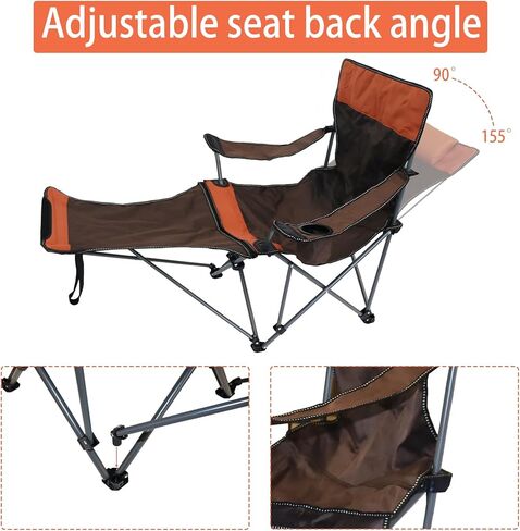 كرسي صالة التخييم، كرسي تخييم مع مسند للقدمين للبالغين في الهواء الطلق والتخييم على الشاطئ والمشي لمسافات طويلة وصيد الأسماك، كرسي تخييم محمول قابل للطي مع مسند للرأس ومسند للقدمين وحقيبة تخزين (بني) in Kuwait