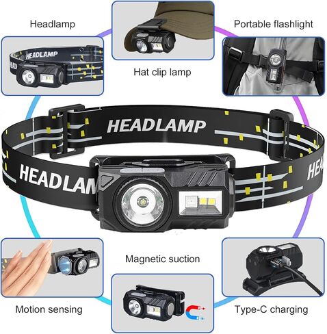 Headlamp, Rechargeable Motion Sensor Cap Visor Light - 300 Lumens LED Clip on Hat Light - Rotatable Clip Flashlight for Cycling Fishing Hunting Running Camping Reading (Black-1pc) in Saudi Arabia