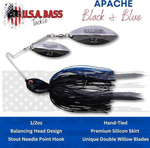 U.S.A BASS TACKLE Apache Attack Spinnerbait Largemouth Smallmouth Spotted Bass Premium Fishing Bait Handtied Skirt Custom Blades Heavy Duty Hook in Saudi Arabia
