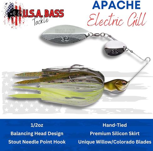 U.S.A BASS TACKLE Apache Attack Spinnerbait Largemouth Smallmouth Spotted Bass Premium Fishing Bait Handtied Skirt Custom Blades Heavy Duty Hook in Saudi Arabia