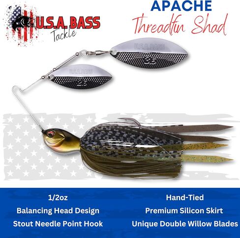 U.S.A BASS TACKLE Apache Attack Spinnerbait Largemouth Smallmouth Spotted Bass Premium Fishing Bait Handtied Skirt Custom Blades Heavy Duty Hook in Saudi Arabia