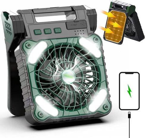 مروحة تعمل بالطاقة الشمسية للتخييم، مروحة محمولة تعمل بالطاقة الشمسية قابلة لإعادة الشحن بقدرة 10000 مللي أمبير في الساعة مع فانوس LED، 4 سرعات مروحة تخييم قابلة لإعادة الشحن للخارج مع نزهة وصيد الأسماك والسفر وموقع العمل in Kuwait