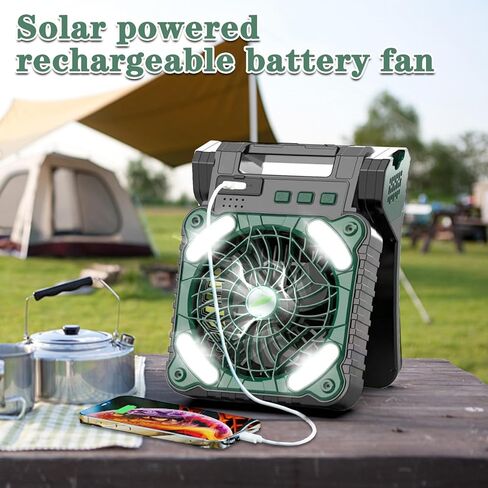 مروحة تعمل بالطاقة الشمسية للتخييم، مروحة محمولة تعمل بالطاقة الشمسية قابلة لإعادة الشحن بقدرة 10000 مللي أمبير في الساعة مع فانوس LED، 4 سرعات مروحة تخييم قابلة لإعادة الشحن للخارج مع نزهة وصيد الأسماك والسفر وموقع العمل in Kuwait