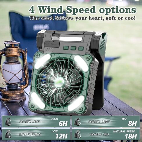 مروحة تعمل بالطاقة الشمسية للتخييم، مروحة محمولة تعمل بالطاقة الشمسية قابلة لإعادة الشحن بقدرة 10000 مللي أمبير في الساعة مع فانوس LED، 4 سرعات مروحة تخييم قابلة لإعادة الشحن للخارج مع نزهة وصيد الأسماك والسفر وموقع العمل in Kuwait