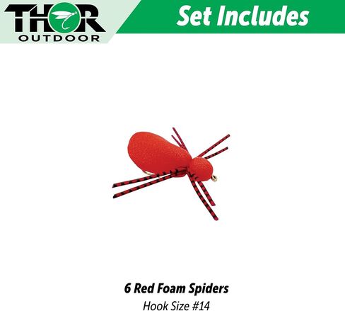 Foam Spider Fly Fishing Set – Red, 6 Pc, Hook Size #14 - Topwater Dry Flies for Bass, Panfish, and Trout by Thor Outdoor in Saudi Arabia