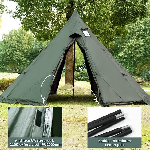 Hot Tent with Stove Jack and Snow Skirt, 6.89~8.53ft Standing Room, 2~5 Person, Tipi Tent for Family Hiking, Fishing, Hunting, Backpacking Camping in Kuwait