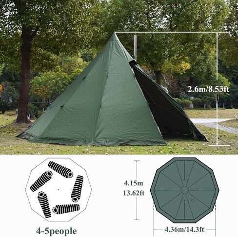 Hot Tent with Stove Jack and Snow Skirt, 6.89~8.53ft Standing Room, 2~5 Person, Tipi Tent for Family Hiking, Fishing, Hunting, Backpacking Camping in Kuwait