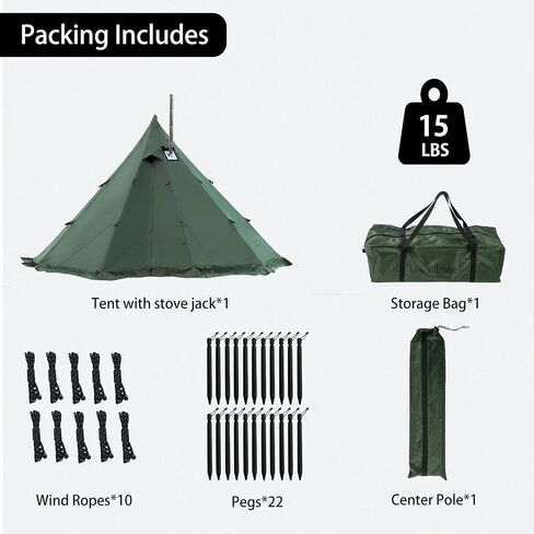 Hot Tent with Stove Jack and Snow Skirt, 6.89~8.53ft Standing Room, 2~5 Person, Tipi Tent for Family Hiking, Fishing, Hunting, Backpacking Camping in Kuwait
