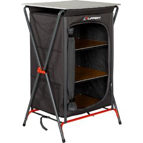 Lippert Sand Outdoor Folding Camping Pantry with Three Storage Shelves, 600D Polyester Fabric, Powder-Coated Steel Frame, Aluminum Slat Top, Collapsible Design - Dark Grey #2023053725