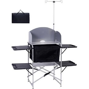 CDEN Camping Kitchen Station, Camping Table, Picnic Table with Cabinet Storage, Beach Table with Cabinet Storage, 4 Side-Table, Windshield and Light Stand, outdoor(Black)