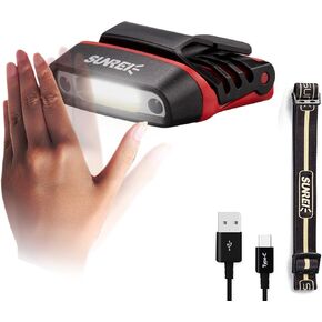 SUNREI Rechargeable Motion Sensor Clip on LED Hat Light with 150 Lumen & 600 mAh Headlamp, Rotatable Head Flashlight for Fishing Camping Running Hand Work, Include Headband (Red)