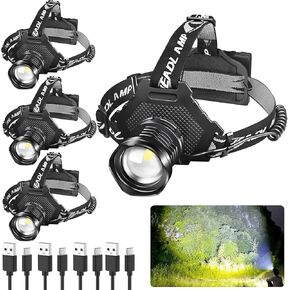 Foleto Headlamp Rechargeable LED 4 Pack, 100000 Lumens Head Lamp Super Bright, Headlamps for Adults Rechargeable, IPX6 Waterproof & 90°Adjustable Head light for Outdoor Running Hiking Camping Hunting