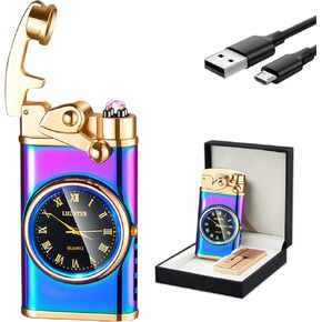 GADATOP Electric Lighter Personalized Creative Rocker Windproof Lighter USB Rechargeable Flameless Double Arc Plasma Lighter with Luminous Real Watch dial LED (Black ice)