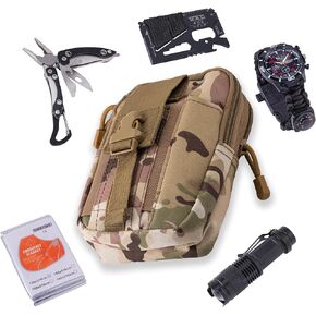 Stauer Desert Camo Emergency Survival Kit – Multi Tool, Flashlight, Emergency Blanket, Camping Watch, Multi Function Card in a Practical Camo Bag