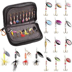 OROOTL Fishing Lures for Bass Trout, 16pcs Fishing Spinner Lures Kit Hard Metal Spinnerbaits with Rooster Feather Tail Spinners Bait for Salmon Bluegill Panfish Walleye with Portable Carry Bag