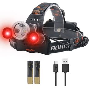 BORUIT RJ-3000 LED Rechargeable Headlamp with Red Light Super Bright 5000 Lumens Hunting Head Lamp 3 Mode Waterproof Head Light for Adult Fishing Camping Headlight Gear