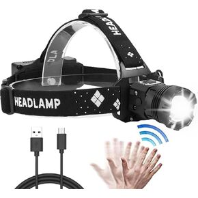 XLENTGEN LED Headlamp Rechargeable Super Bright,200000 Lumens Battery Powered Waterproof Zoomable Headlight with Motion Sensor for Camping/Dog Walking/Hiking/Fishing/Emergency
