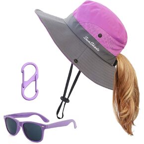 Kids Sun Hats Sunglasses and Hat Clip Set Wide Brim Summer Hats UV Protection Beach Cap with Ponytail Hole