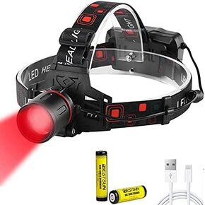 50000 Lumens Hunting Red Light Rechargeable Headlamp LED Tactical Head Lamp Super Bright Red Headlight Zoomable Waterproof 3 Modes Headlamps for Coyote Hog Astronomy Night Vision Aviation Fishing