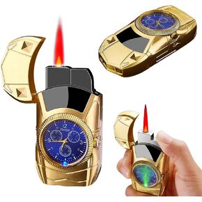 Torch Lighter, Car Shape Cool Lighters, Red Flame Refillable Butane Lighter with Clock Dial, Custom Lighter, Flesh Lighter Toy, Man Birthday Gifts (Gold)