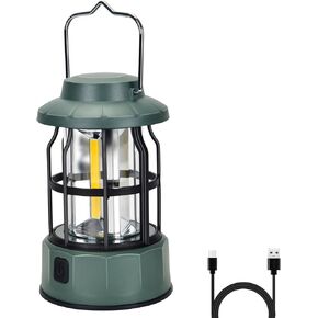Camping Lantern Vintage Camp Light Dimmable USB C Rechargeable Portable Hanging Tent Retro COB Lights for Power Outages, Survival, Hiking, Bar (5.4 in Height, Green)