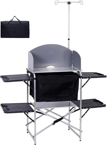 CDEN Camping Kitchen Station, Camping Table, Picnic Table with Cabinet Storage, Beach Table with Cabinet Storage, 4 Side-Table, Windshield and Light Stand, outdoor(Black) in Saudi Arabia