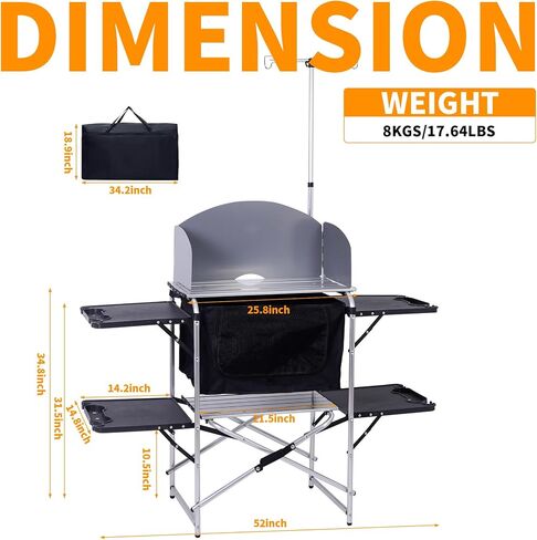CDEN Camping Kitchen Station, Camping Table, Picnic Table with Cabinet Storage, Beach Table with Cabinet Storage, 4 Side-Table, Windshield and Light Stand, outdoor(Black) in Saudi Arabia