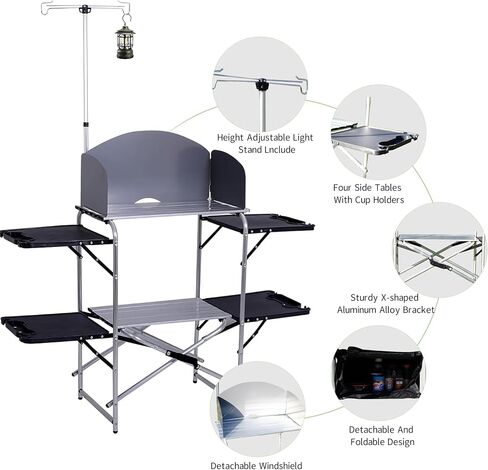 CDEN Camping Kitchen Station, Camping Table, Picnic Table with Cabinet Storage, Beach Table with Cabinet Storage, 4 Side-Table, Windshield and Light Stand, outdoor(Black) in Saudi Arabia
