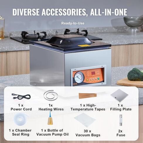 VEVOR Chamber Vacuum Sealer، قوة الختم 260 واط، آلة تعبئة الفراغ للأطعمة الرطبة واللحوم والمخللات وأكثر من ذلك، حجم صغير بطول إغلاق 10.2 بوصة، مطبق في المطبخ المنزلي والاستخدام التجاري in Saudi Arabia