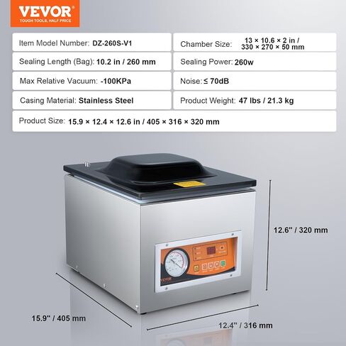 VEVOR Chamber Vacuum Sealer، قوة الختم 260 واط، آلة تعبئة الفراغ للأطعمة الرطبة واللحوم والمخللات وأكثر من ذلك، حجم صغير بطول إغلاق 10.2 بوصة، مطبق في المطبخ المنزلي والاستخدام التجاري in Saudi Arabia