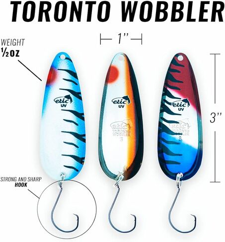 مجموعة ملاعق الصيد ETIC Toronto Wobbler مقاس 3 بوصات، 1/2 أونصة مصنوعة 100% من النحاس، 3 قطع من طُعم الصيد والأدوات والخطافات والطعوم والغزل والصب والتصيد لسمك السلمون المرقط والسلمون والبايك والعين رمادية فاتحة اللون والباس والمزيد in Kuwait