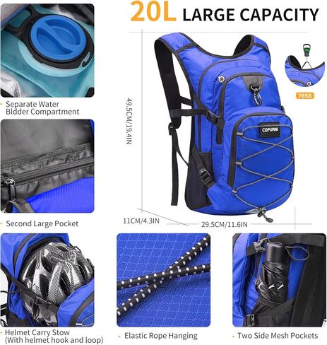 حقيبة ظهر مرطبة سعة 20 لترًا مع المثانة المائية 2 لتر، حقيبة نهارية كبيرة للتخزين والمشي لمسافات طويلة للرجال والنساء، حقيبة ظهر مائية عازلة خفيفة الوزن لركوب الدراجات والجري والتزلج والرحلات والتخييم in Kuwait