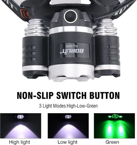 BORUIT RJ-3000 LED مصباح أمامي قابل لإعادة الشحن مع ضوء أخضر فائق السطوع 5000 لومن مصباح رأس للصيد 3 أوضاع إضاءة رأس مقاومة للماء للبالغين لصيد الأسماك والتخييم والعتاد الأمامي in Saudi Arabia
