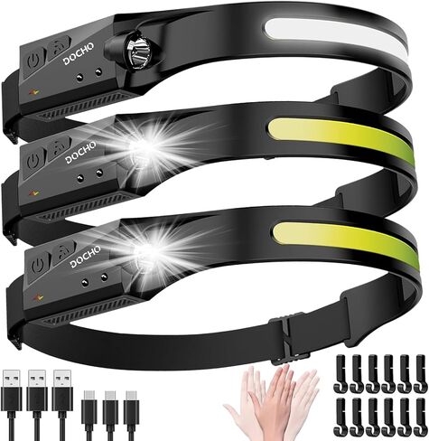 DOCHO Rechargeable Headlamp, 230° Wide Beam Head Lamp, Motion Sensor LED Headlights, 5 Modes Headlamps for Adults, Bright Head Lights for Forehead, Hard Hat Headlight, Camping Essentials Gear in Saudi Arabia